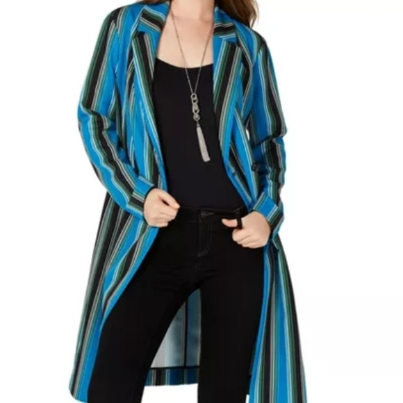 I N C Striped Trench Coat Womens Sz Small Blue Black Belted Buttons - Picture 2 of 12